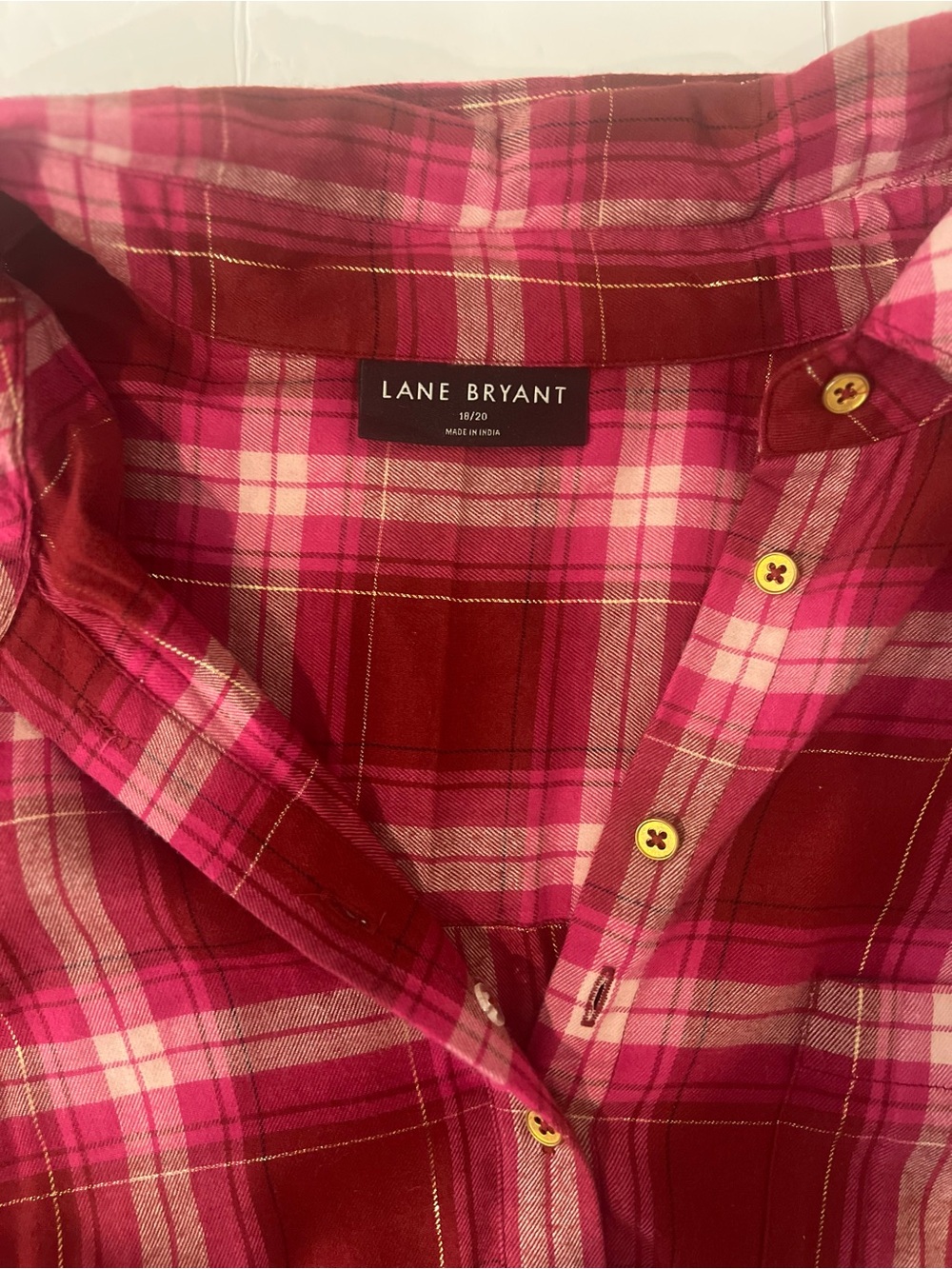 Lane Bryant Pink and Red Plaid Button-Down Shirt